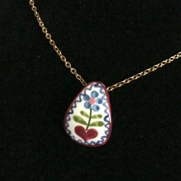 Artisan Jewelry - Hand painted ceramic pendant 18”chain.
